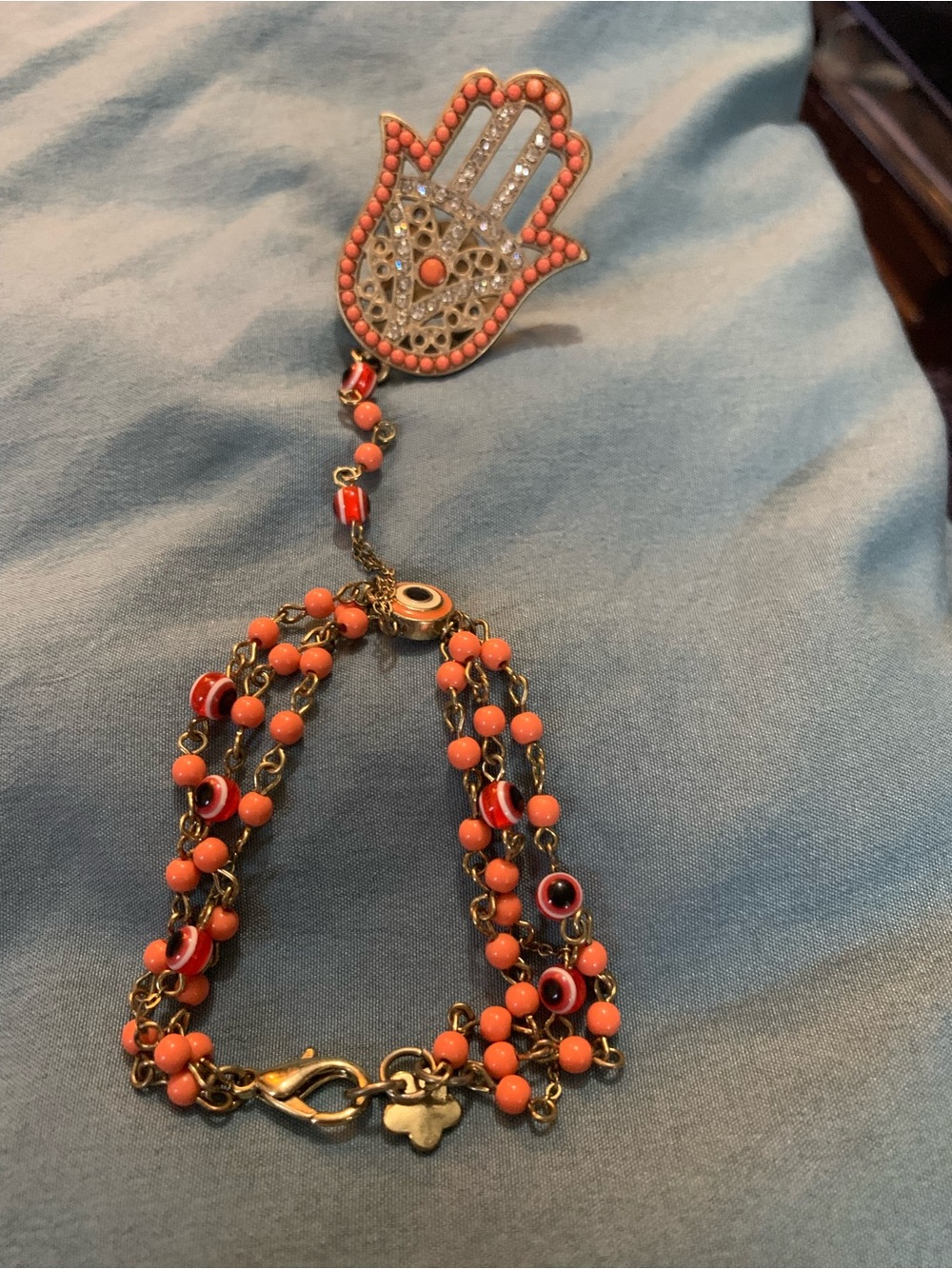 Coral Beaded Hamsa Hand Ring Bracelet with Gold Accents and Red Evil Eye Beads